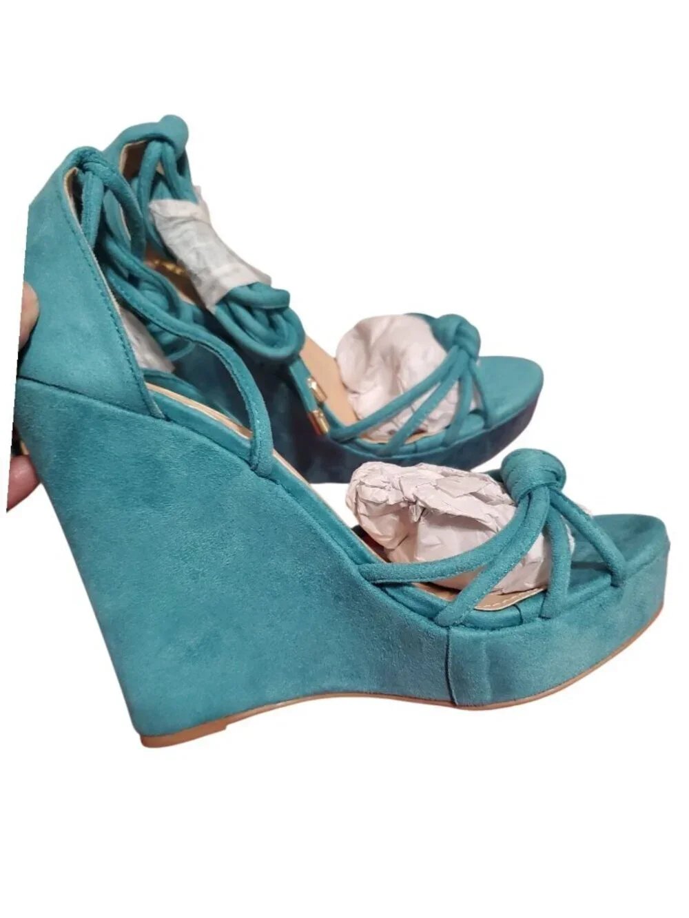 Lioliana Suede Lace-Up Platform Wedge Sandals Teal Blue Size 8